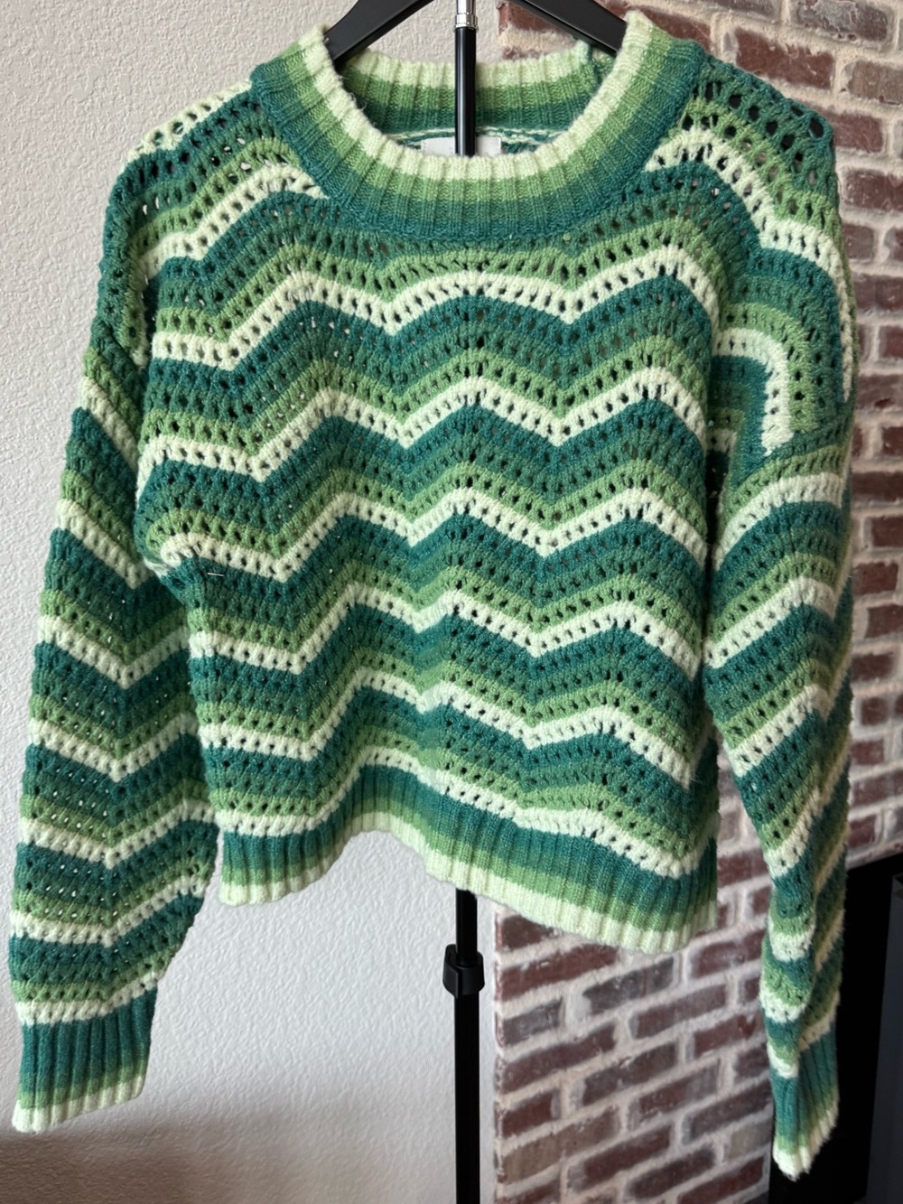 Pink Rose Green Chevron Crochet Sweater - Women's Knit Pullover Large